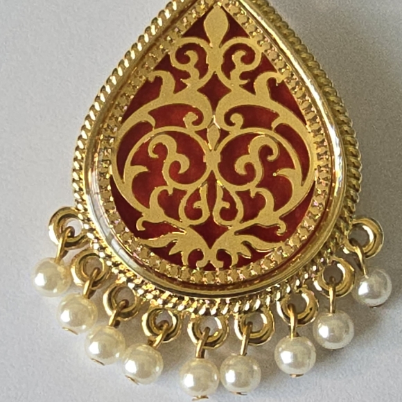 Vintage JBK Jacqueline Bouvier Kennedy Gold & Red Pendant Necklace / Lapel Pin - Picture 4 of 8